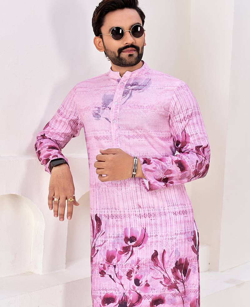 Men's stylish pink & purple floral printed cotton kurta for festive & casual wear