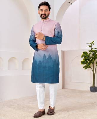 Men's stylish pink & blue cotton printed kurta 1
