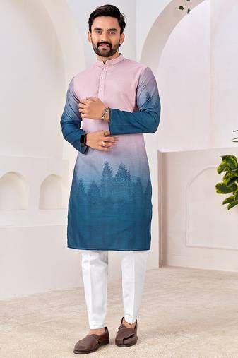 Men's stylish pink & blue cotton printed kurta