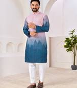 Men's stylish pink & blue cotton printed kurta