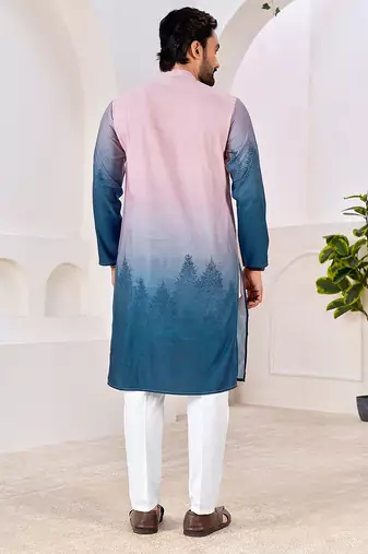 Men's stylish pink & blue cotton printed kurta