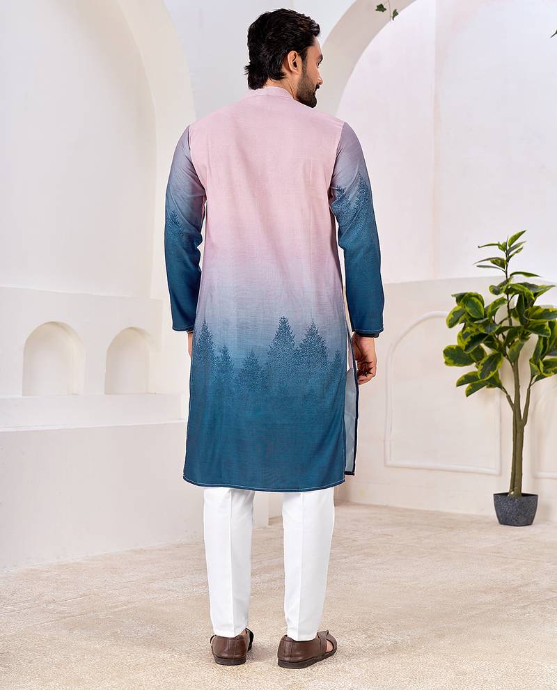 Men's stylish pink & blue cotton printed kurta