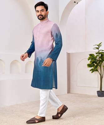Men's stylish pink & blue cotton printed kurta 3
