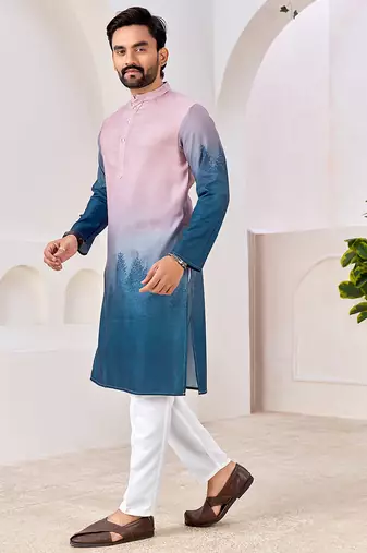 Men's stylish pink & blue cotton printed kurta