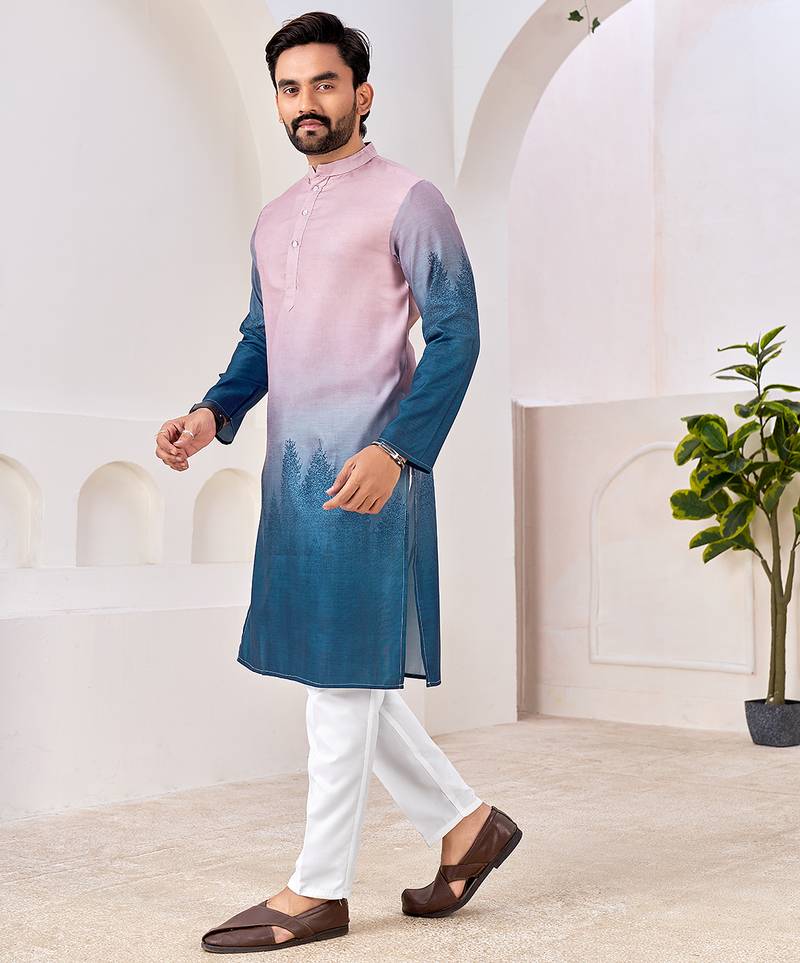 Men's stylish pink & blue cotton printed kurta