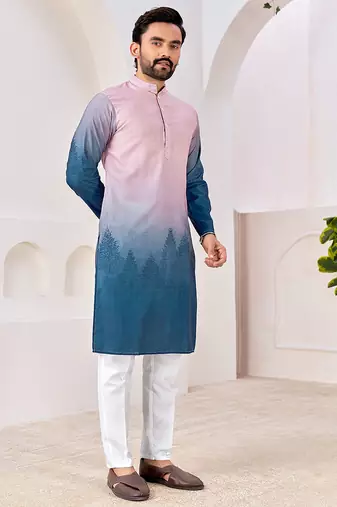 Men's stylish pink & blue cotton printed kurta