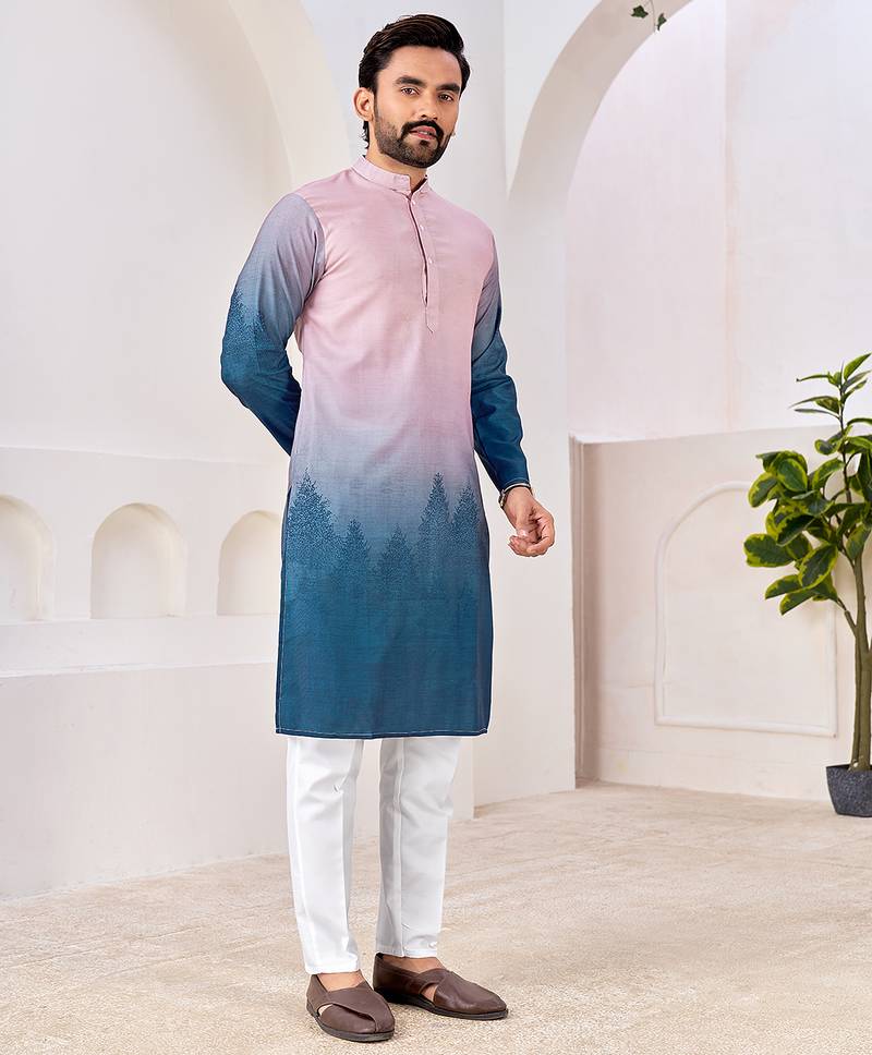 Men's stylish pink & blue cotton printed kurta