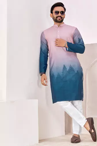 Men's stylish pink & blue cotton printed kurta