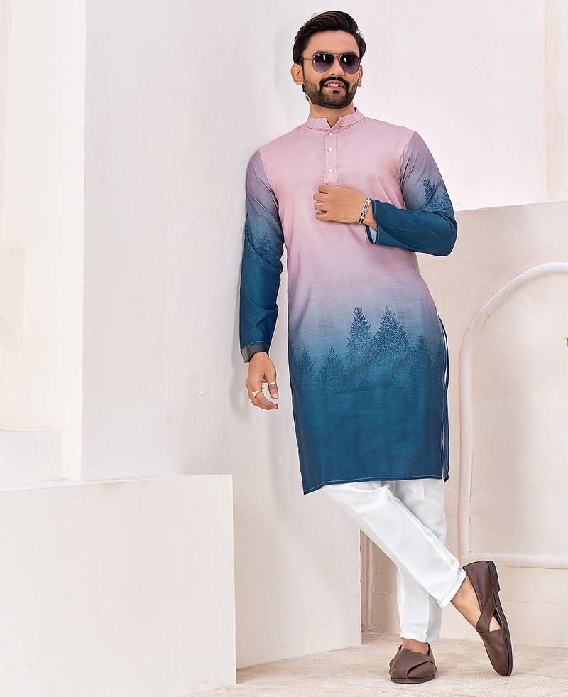 Men's stylish pink & blue cotton printed kurta