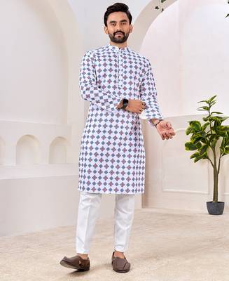 Men's stylish white geometric printed cotton kurta 1