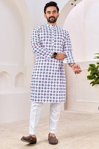 Men's stylish white geometric printed cotton kurta