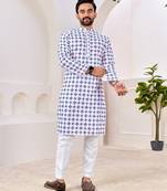 Men's stylish white geometric printed cotton kurta