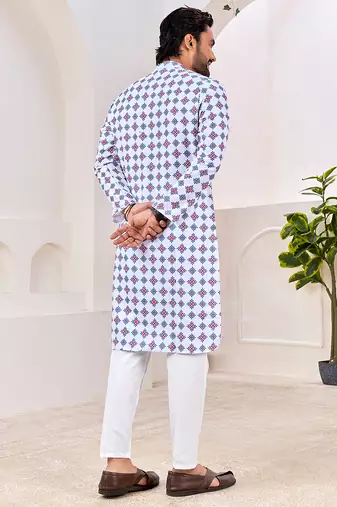 Men's stylish white geometric printed cotton kurta