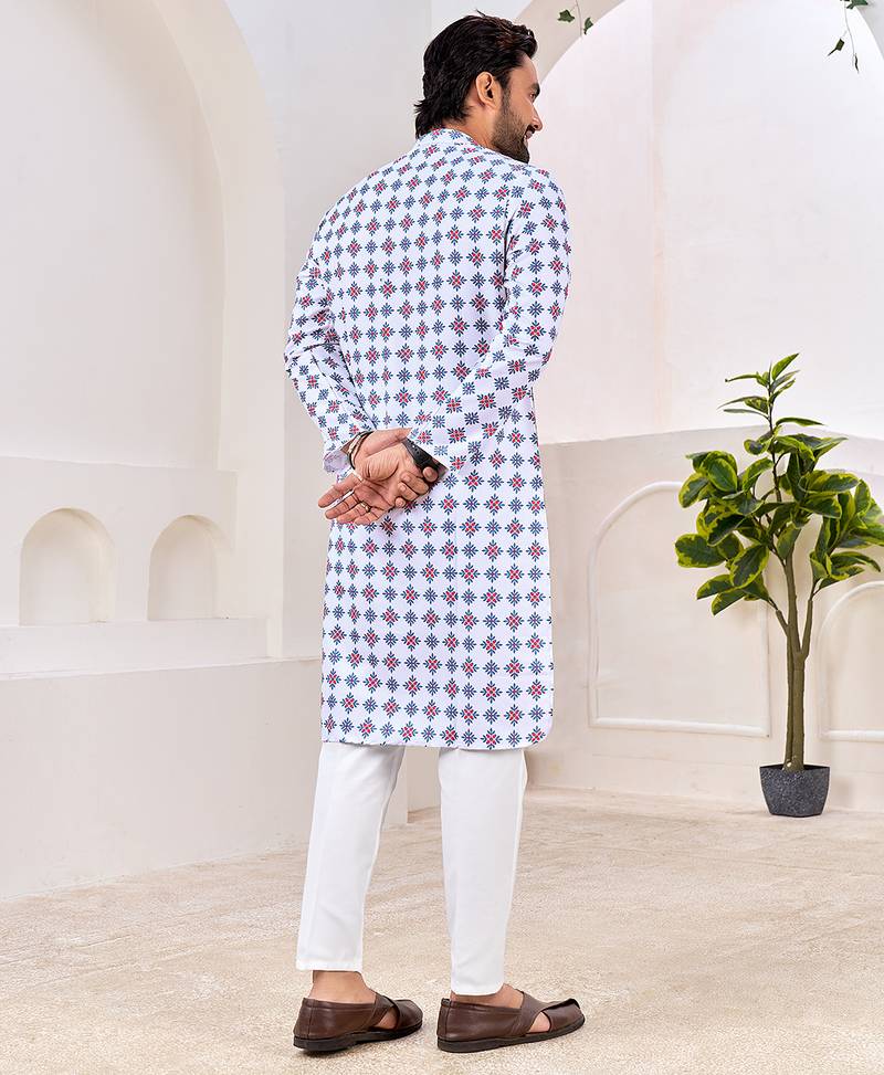 Men's stylish white geometric printed cotton kurta