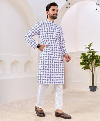 Men's stylish white geometric printed cotton kurta 3