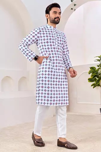 Men's stylish white geometric printed cotton kurta