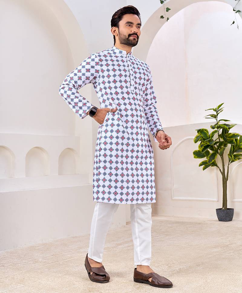 Men's stylish white geometric printed cotton kurta