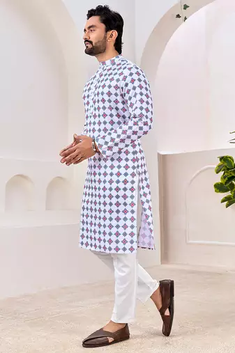 Men's stylish white geometric printed cotton kurta