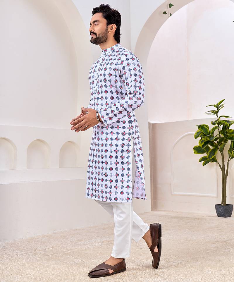 Men's stylish white geometric printed cotton kurta