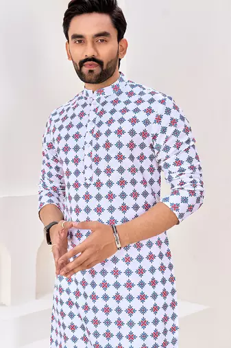 Men's stylish white geometric printed cotton kurta