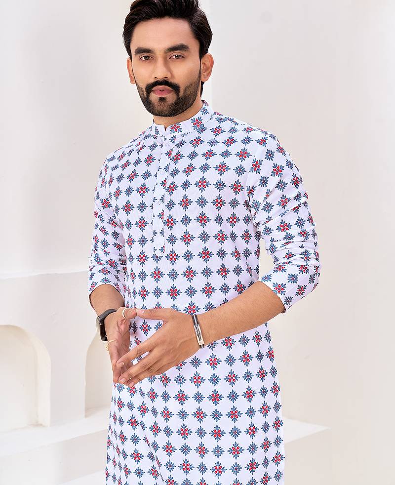 Men's stylish white geometric printed cotton kurta