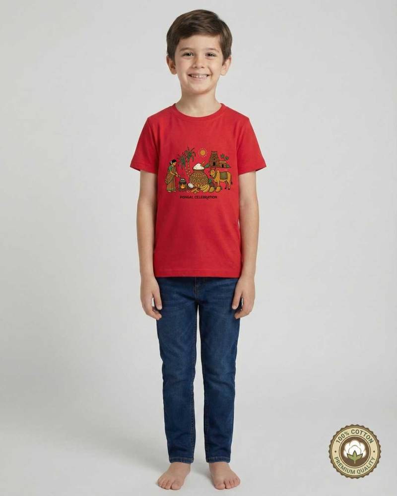 Red pongal festive printed premium cotton half sleeve tshirt