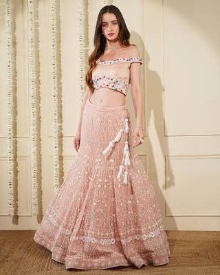 light peach georgette chikan and beads  lehenga set with blouse and dupatta 1