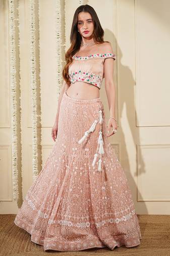 Light Peach Georgette Chikan And Beads  Lehenga Set