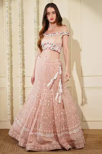 Light Peach Georgette Chikan And Beads  Lehenga Set