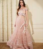 Light Peach Georgette Chikan And Beads  Lehenga Set