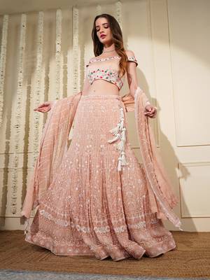 light peach georgette chikan and beads  lehenga set with blouse and dupatta 3