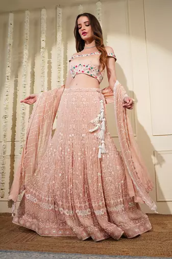 light peach georgette chikan and beads  lehenga set with blouse and dupatta
