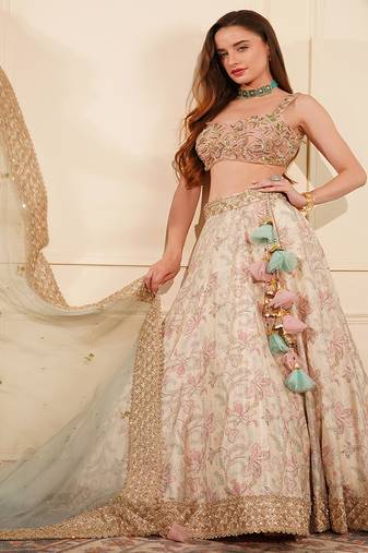 Light Fawn Gicha Silk Printed Lehenga Set With Heavy Hand Embroidered Blouse