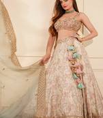 Light Fawn Gicha Silk Printed Lehenga Set With Heavy Hand Embroidered Blouse