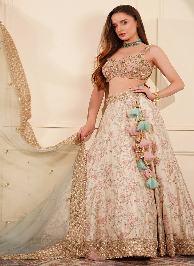 Light Fawn Gicha Silk Printed Lehenga Set With Heavy Hand Embroidered Blouse
