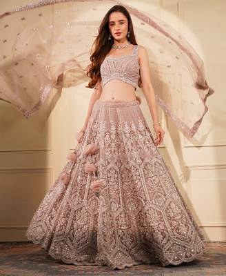 onion pink double net heavy beadwork lehenga set with blouse and dupatta 1