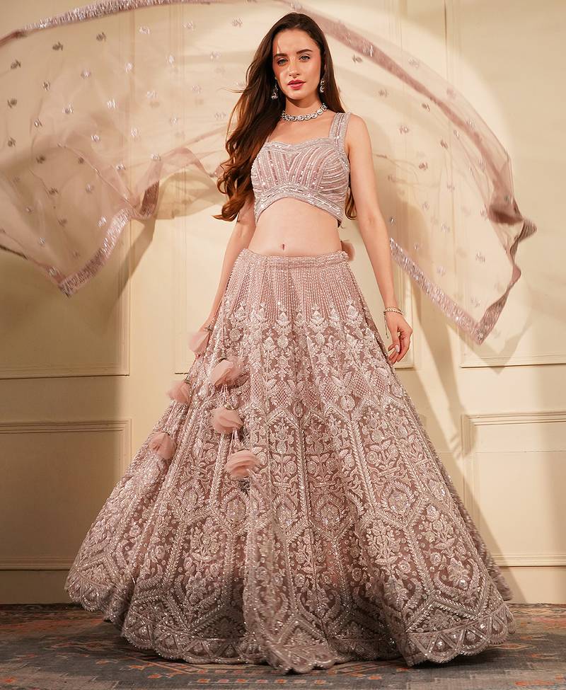 Onion Pink Double Net Heavy Beadwork Lehenga Set