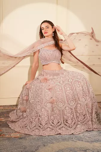 onion pink double net heavy beadwork lehenga set with blouse and dupatta