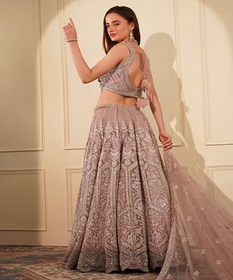 onion pink double net heavy beadwork lehenga set with blouse and dupatta 4