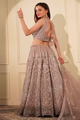 onion pink double net heavy beadwork lehenga set with blouse and dupatta