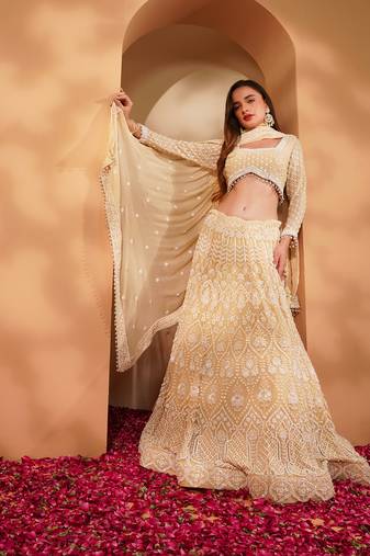 Beige Georggete Lehenga Set With White Sequin And Cutdana Work