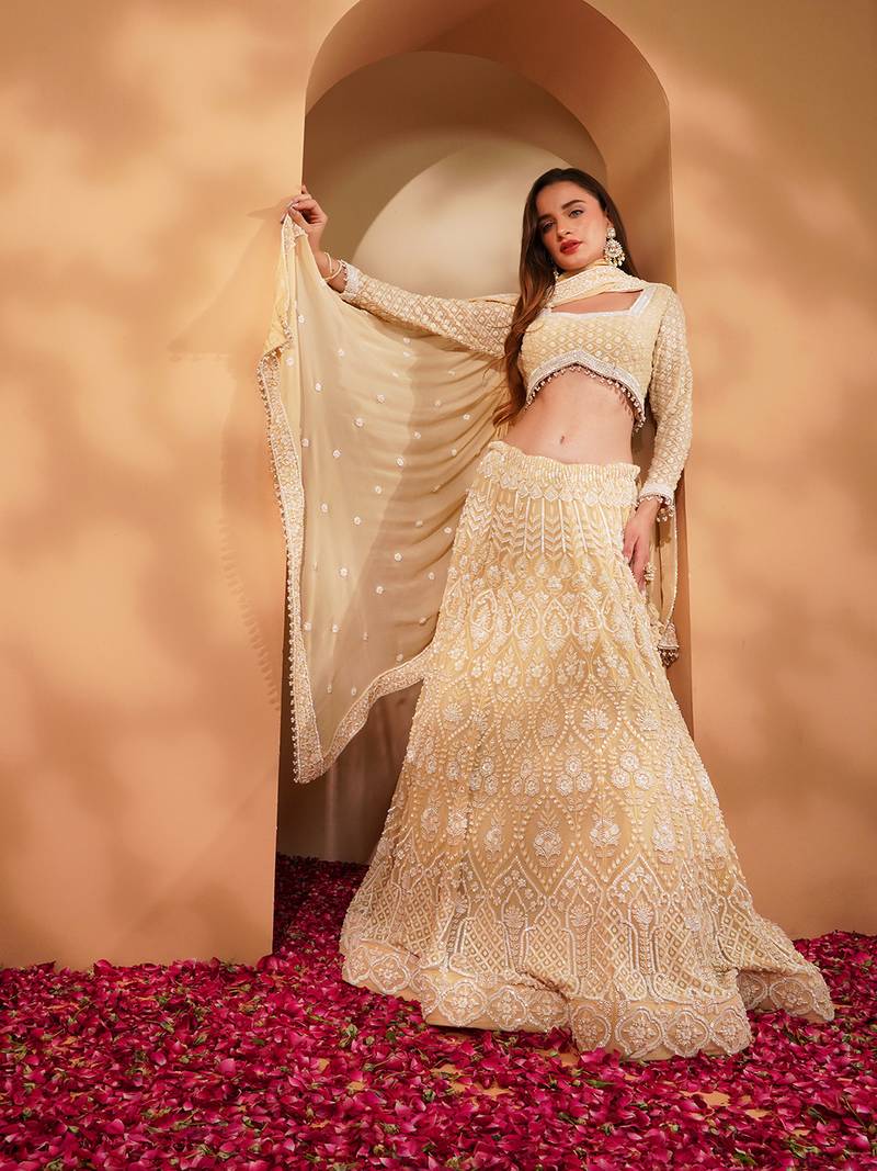Beige Georggete Lehenga Set With White Sequin And Cutdana Work
