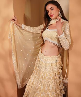 beige georgette sequin lehenga set with choli and dupatta 2