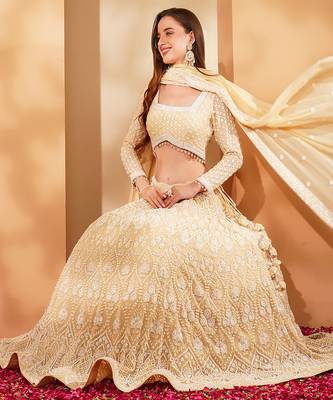 beige georgette sequin lehenga set with choli and dupatta 3