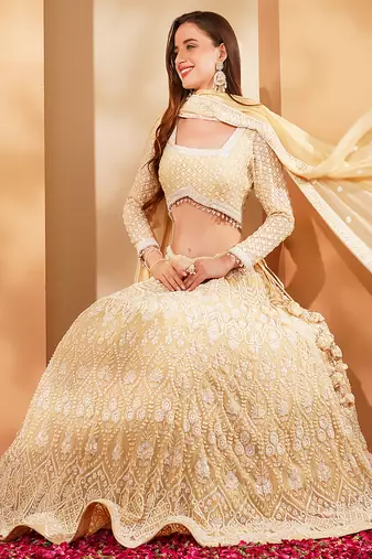 beige georgette sequin lehenga set with choli and dupatta