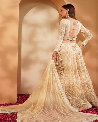 beige georgette sequin lehenga set with choli and dupatta 4