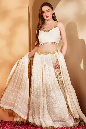 White Georgette Lehenga Set With White Sequin And Cutdana Work