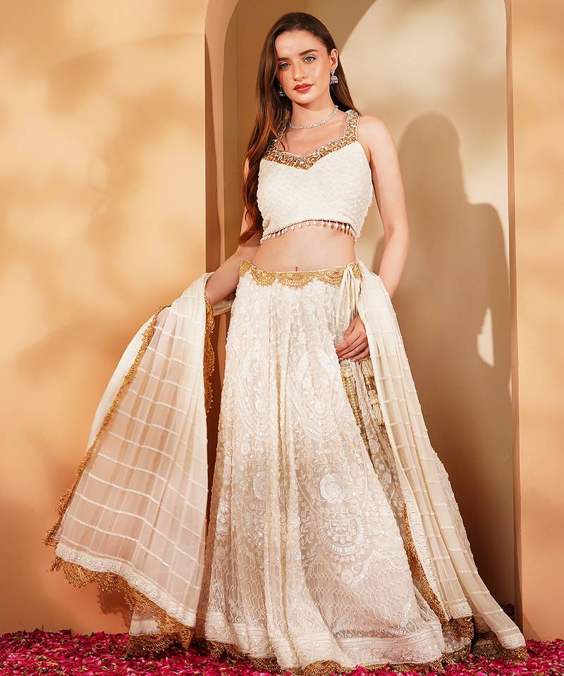 White Georgette Lehenga Set With White Sequin And Cutdana Work