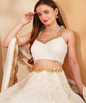 white georgette sequin lehenga set with choli and dupatta 2