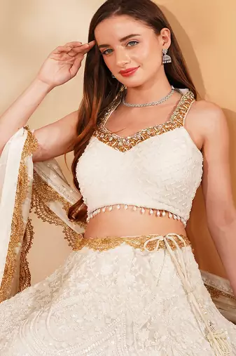 white georgette sequin lehenga set with choli and dupatta